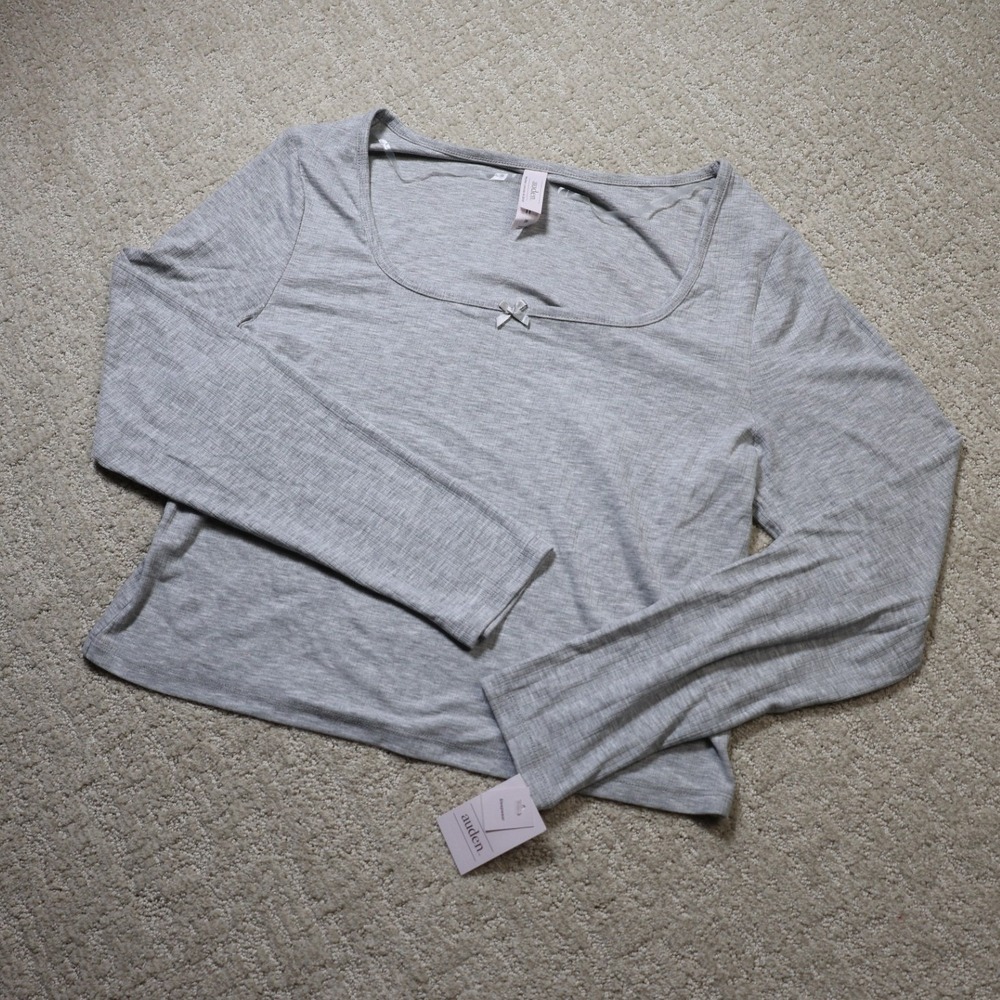 Auden Womens XL Heather Gray Ribbed Square Neck Long Sleeve Sleep Top NWT